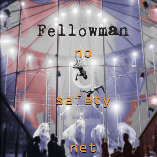 Album art for Fellowman's album No Safety Net depecting a trapeze artist at a circus making a flying maneuver over (possibly to a fall) over 4 elephants as a small crowd watches