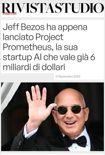 Screenshot del sito Rivista Studio, ove viene riportata la notizia della nuova avventura imprenditoriale di Bezos, che fu fondatore di Amazon 